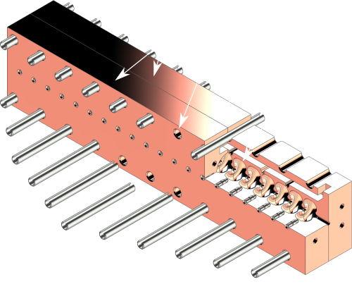 Cutaway schematic of the split-section accelerator showing cells, vacuum joint, monoblocks, and precision alignment pins